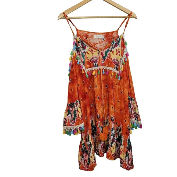 Velzera Anthropologie Tunic Dress Womens M Orange Cold Shoulder Bell Sleeve - Picture 2 of 10